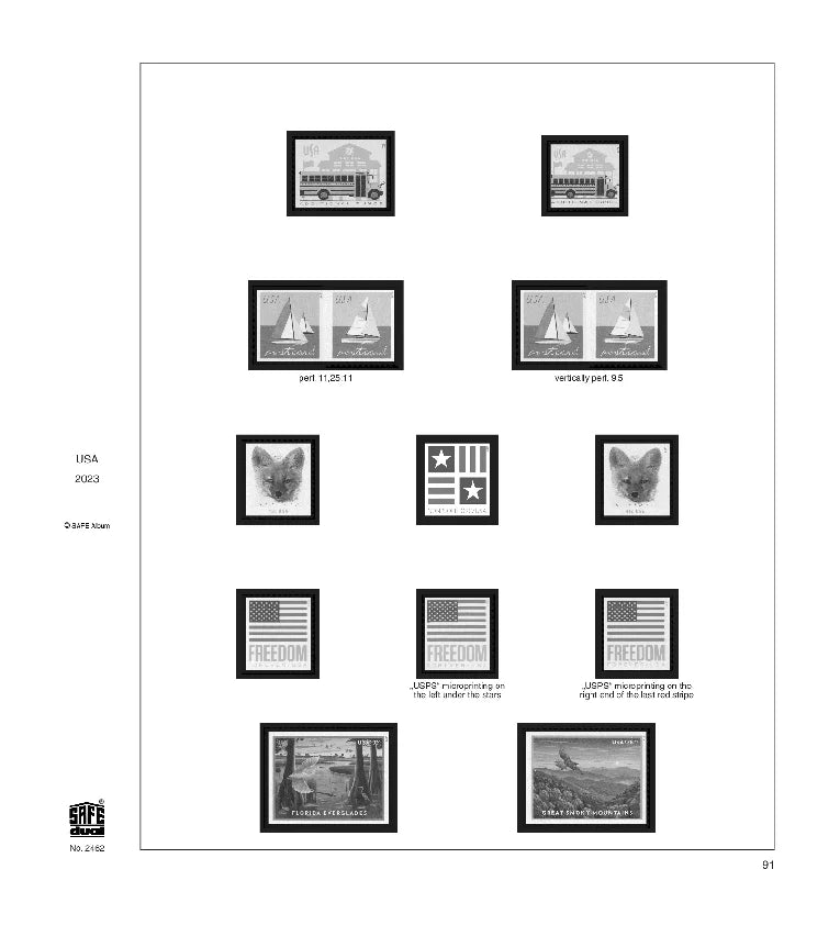 Illustration of black and white stamps from the USA 2023 annual supplement, displayed on a white background.