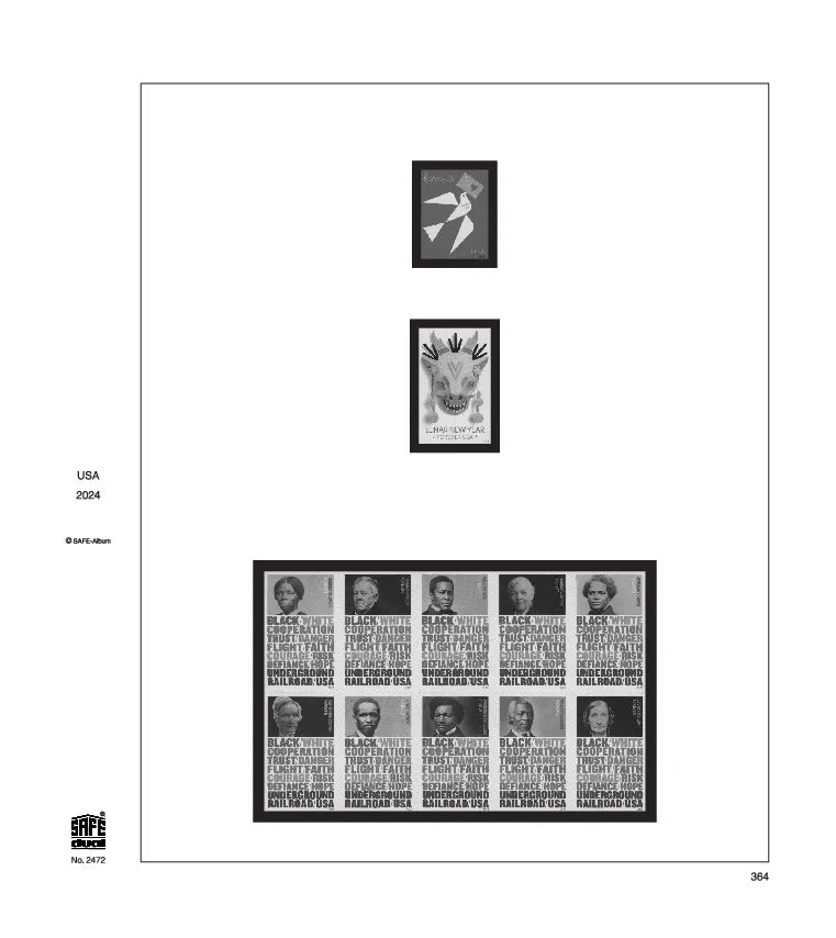 Illustration of black and white stamps from the USA, displayed on a white background.