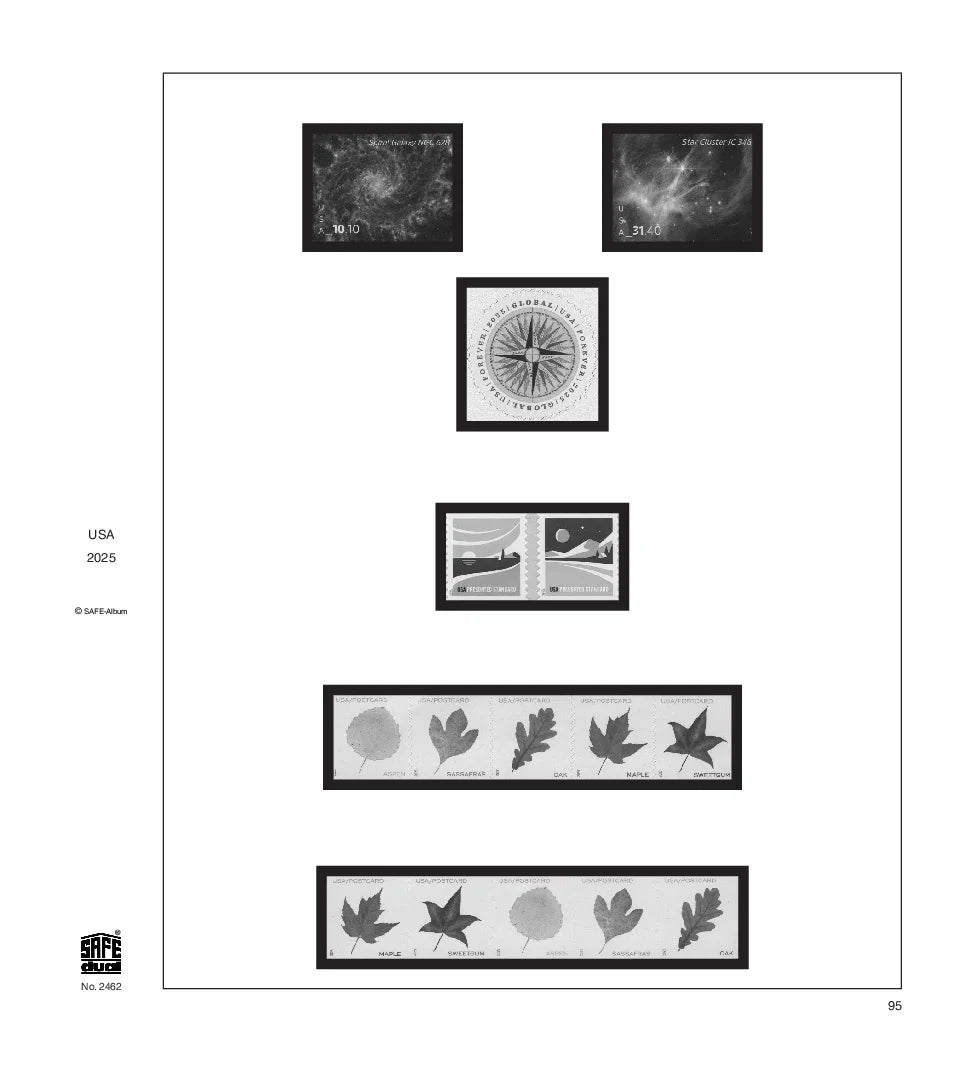 Illustration of black and white stamps featuring various images from nature from the USA, displayed on a white background.