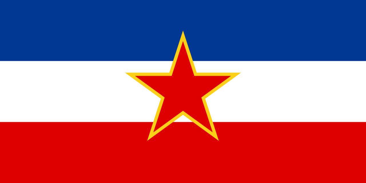 Yugoslavia Flag with a red & yellow star on a blue, white, and red horizontal stripe background