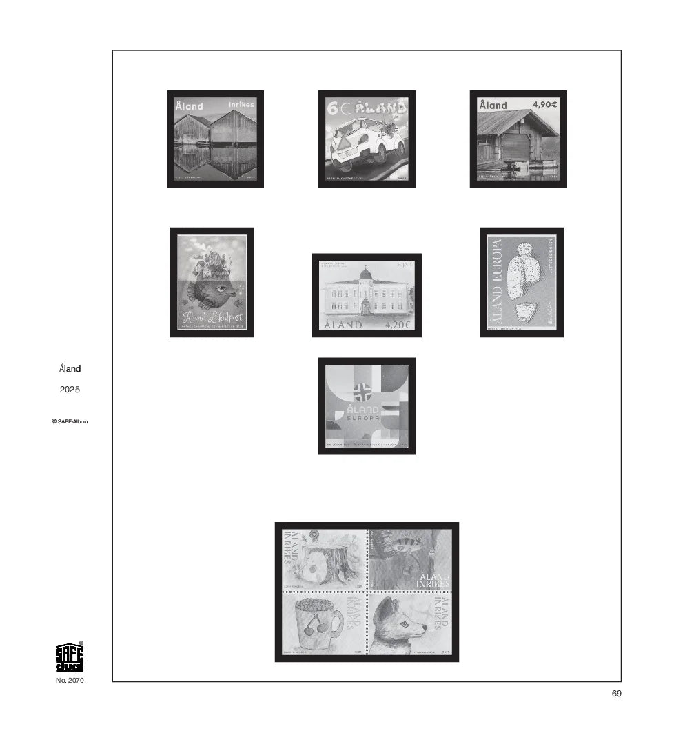 Illustration of black and white stamps from the Aland's 2025 annual supplement, displayed on a white page.