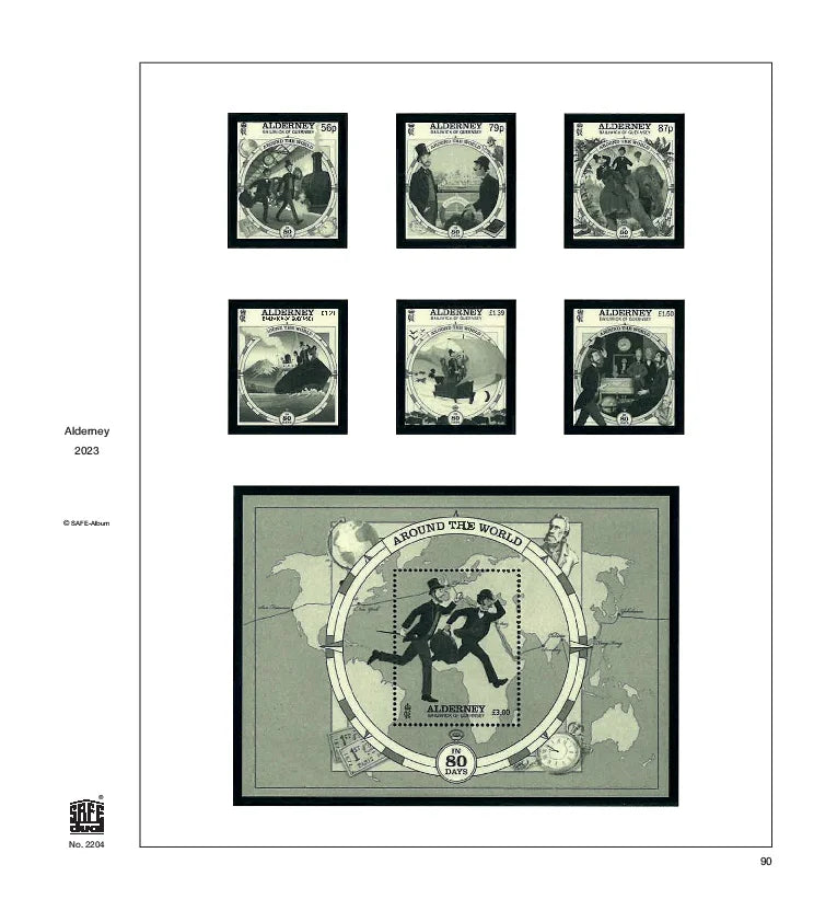 Illustration of black and white stamps from the Alderney's 2023 annual supplement, displayed on a white page.
