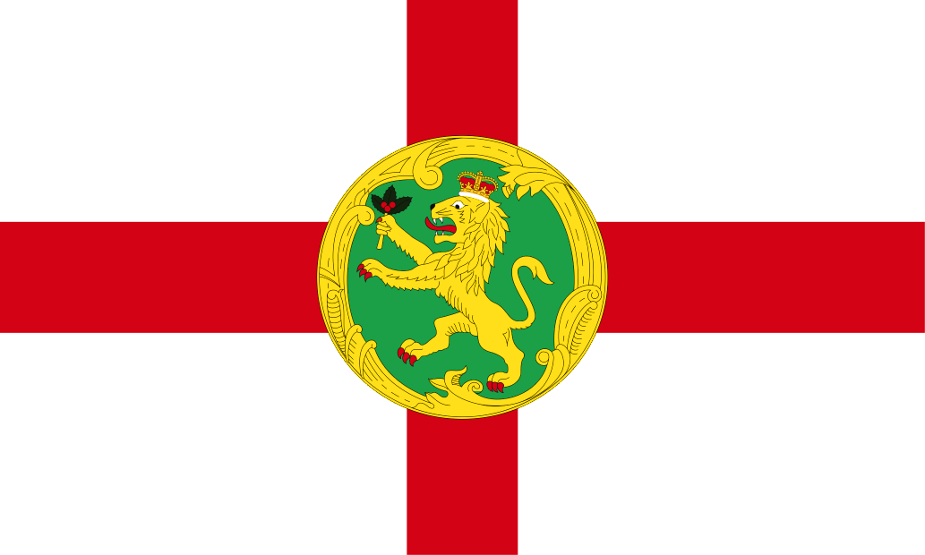 Alderney Flag: a red cross and green circle featuring a lion emblem on a white background
