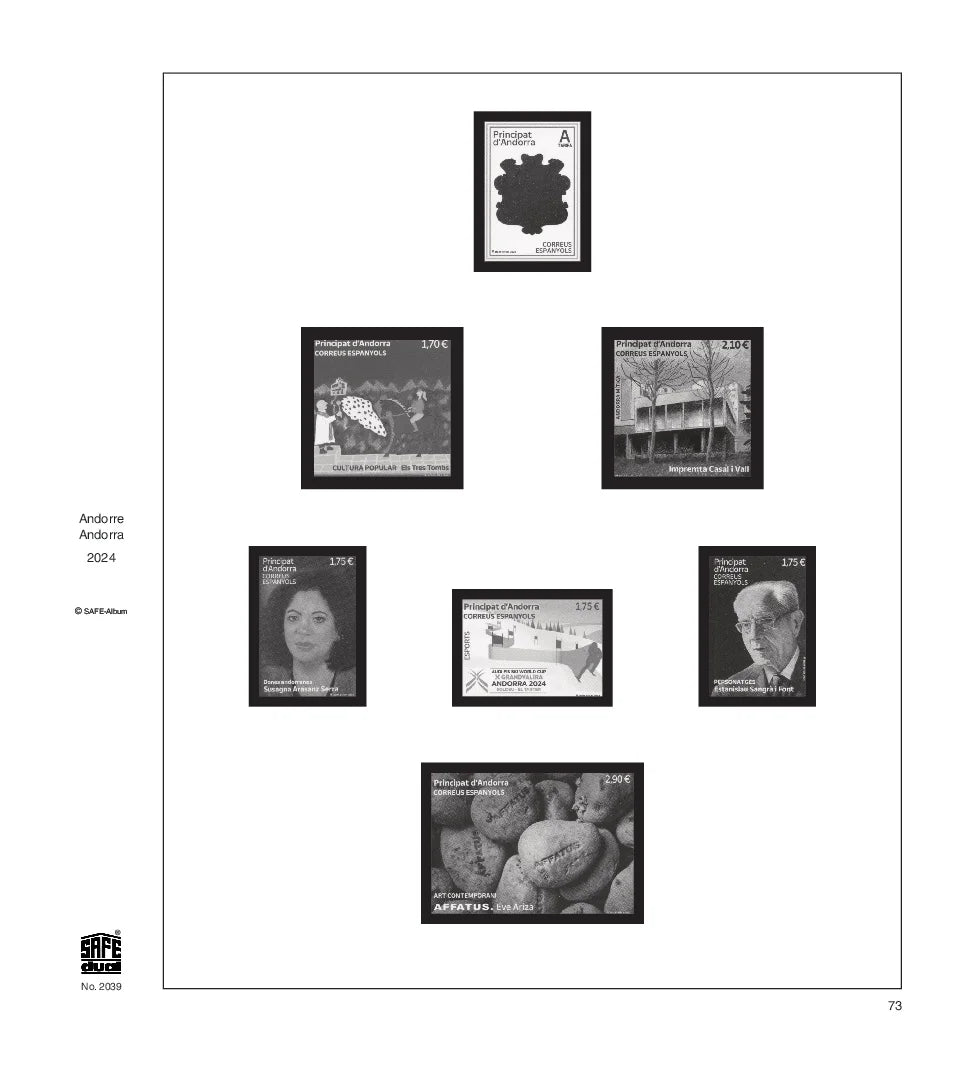 Illustration of black and white stamps from the Andorra's 2024 annual supplement, displayed on a white page.