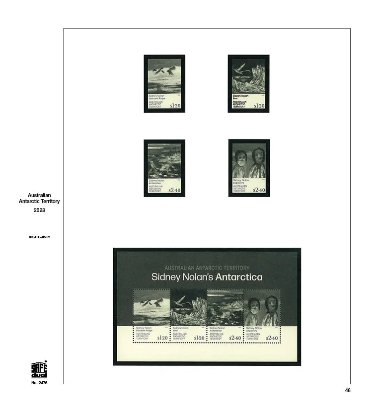 Illustration of black and white stamps from the Australia Antarctic Territory's 2023 annual supplement, displayed on a white page.