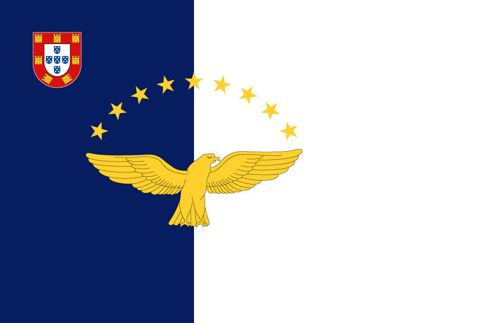 Azores Flag: a blue and white background, featuring a yellow eagle and stars, and a red coat of arms on the blue side.