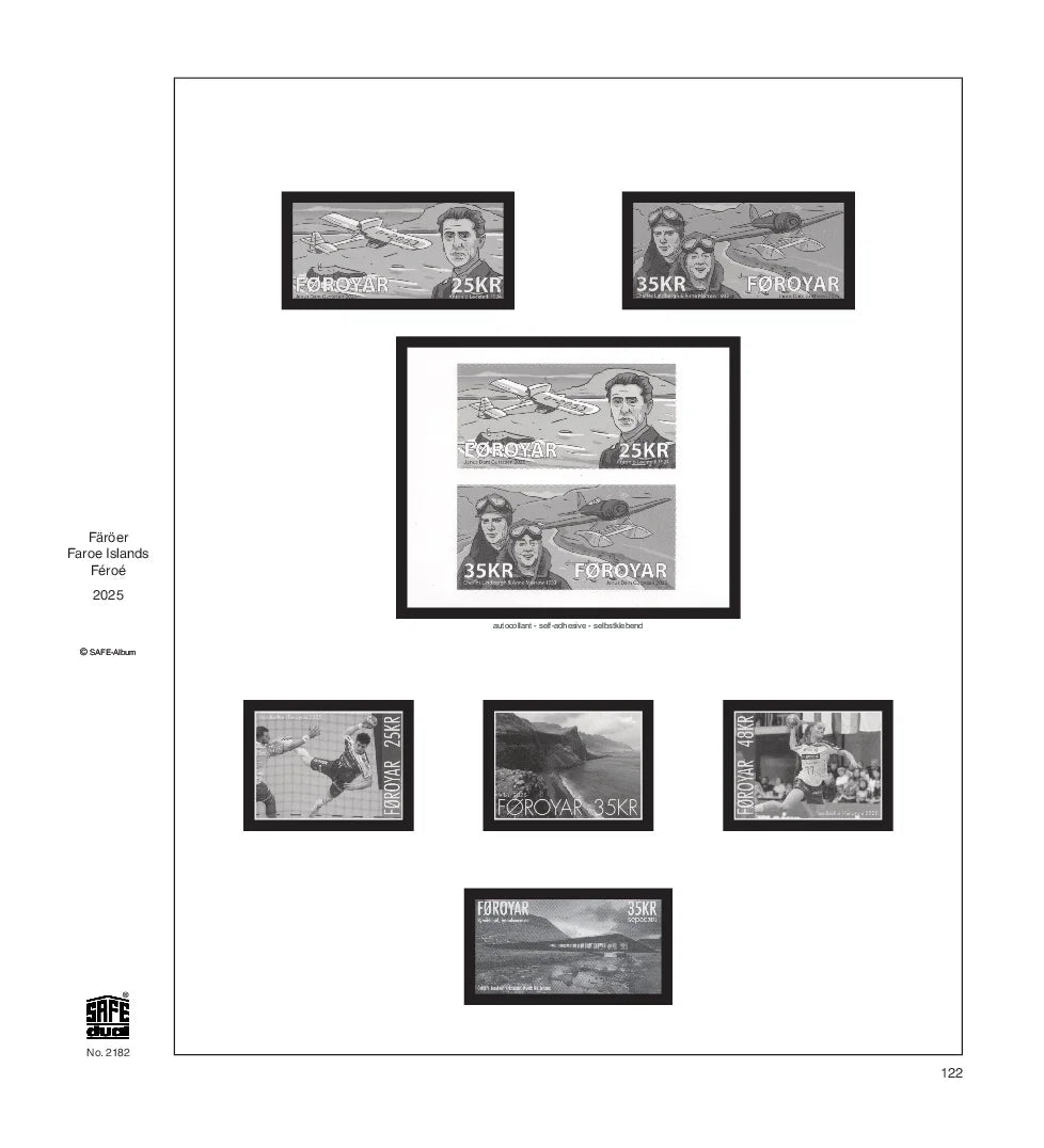 Illustration of black and white stamps from the Faroe Island's 2025 annual supplement, displayed on a white page.
