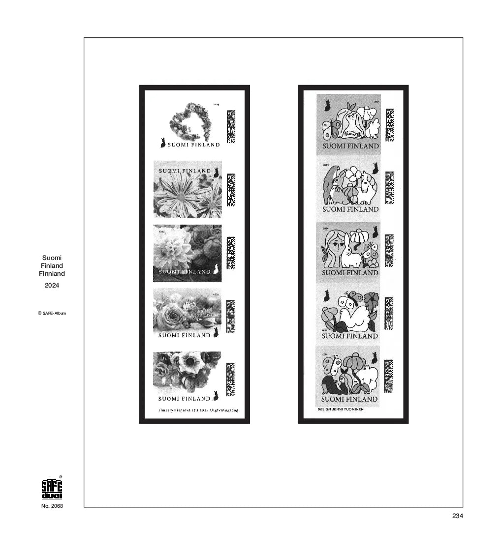 Illustration of black and white stamps from the Finland's 2024 annual supplement, displayed on a white page.