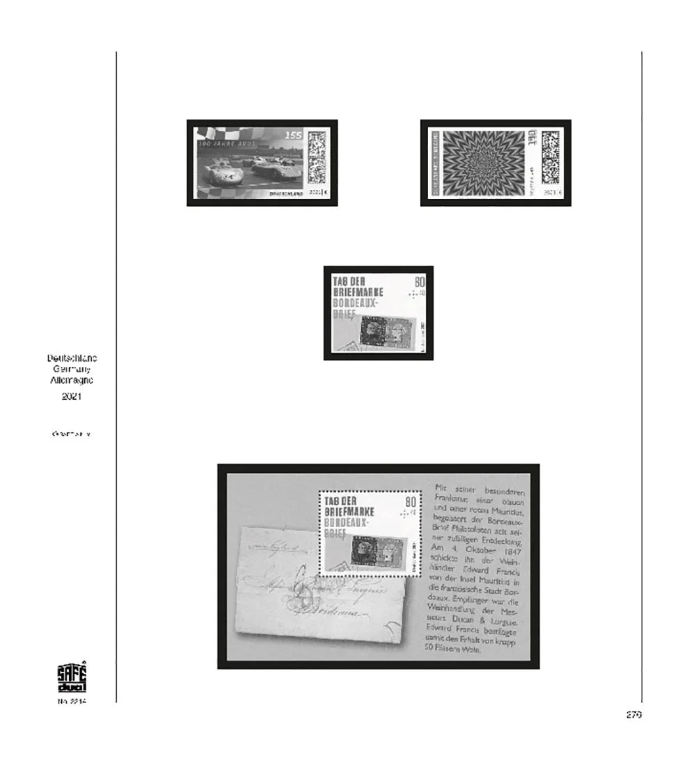 Illustration of black and white stamps from the Germany's 2021 annual supplement, displayed on a white page.