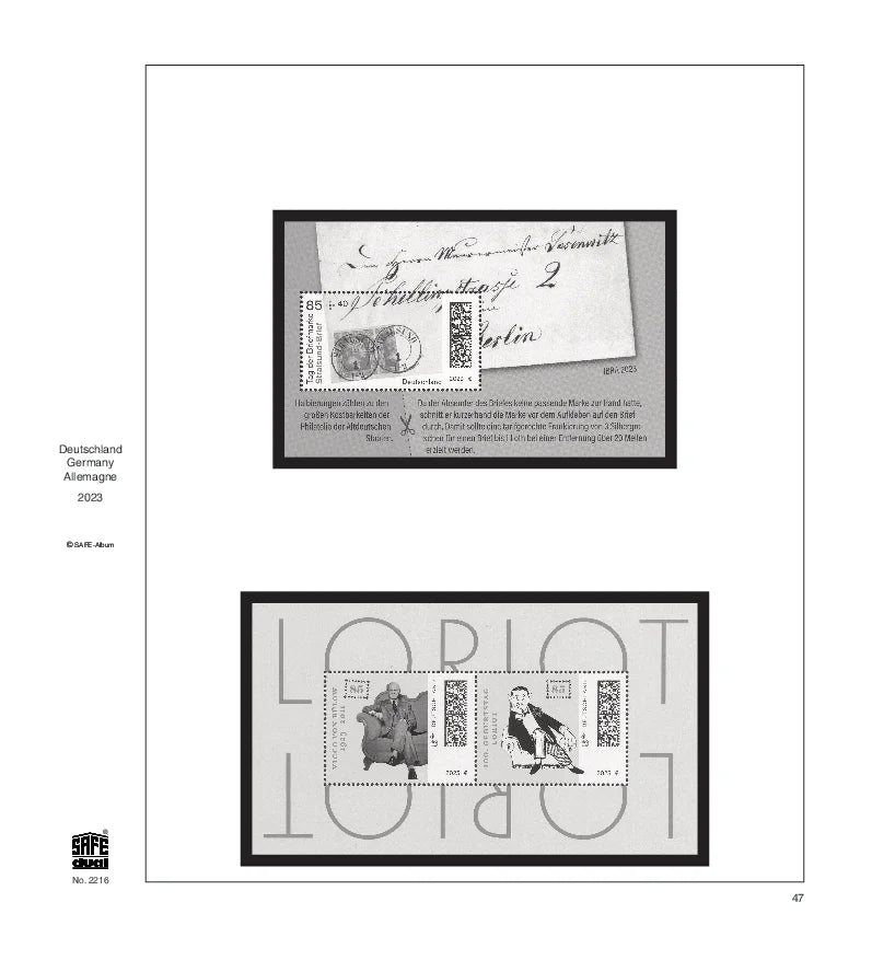 Illustration of black and white stamp plate blocks from the Germany's 2023 annual supplement, displayed on a white page.