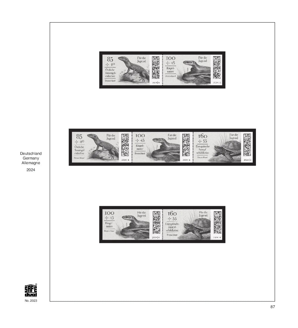 Illustration of black and white stamps from the Germany's 2024 annual supplement, displayed on a white page.