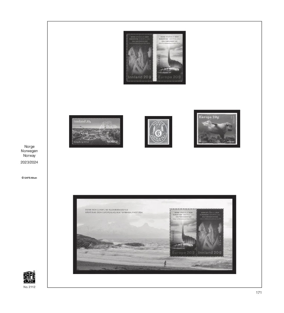 Illustration of black and white stamps from the Norway's 2023/2024 annual supplement, displayed on a white page.