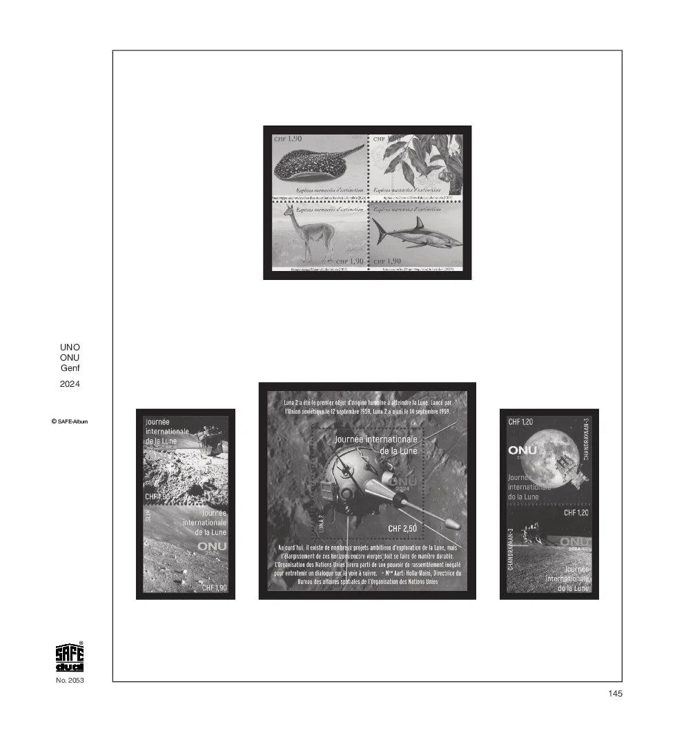 Illustration of black and white stamps from the UN:Geneva's 2024 annual supplement, displayed on a white page.