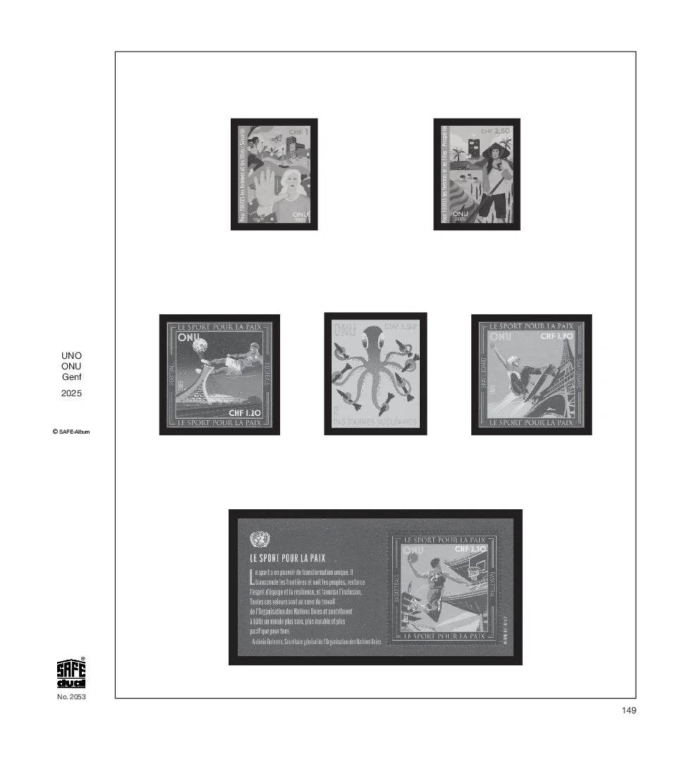 Illustration of black and white stamps from the UN: Geneva's 2025 annual supplement, displayed on a white page.