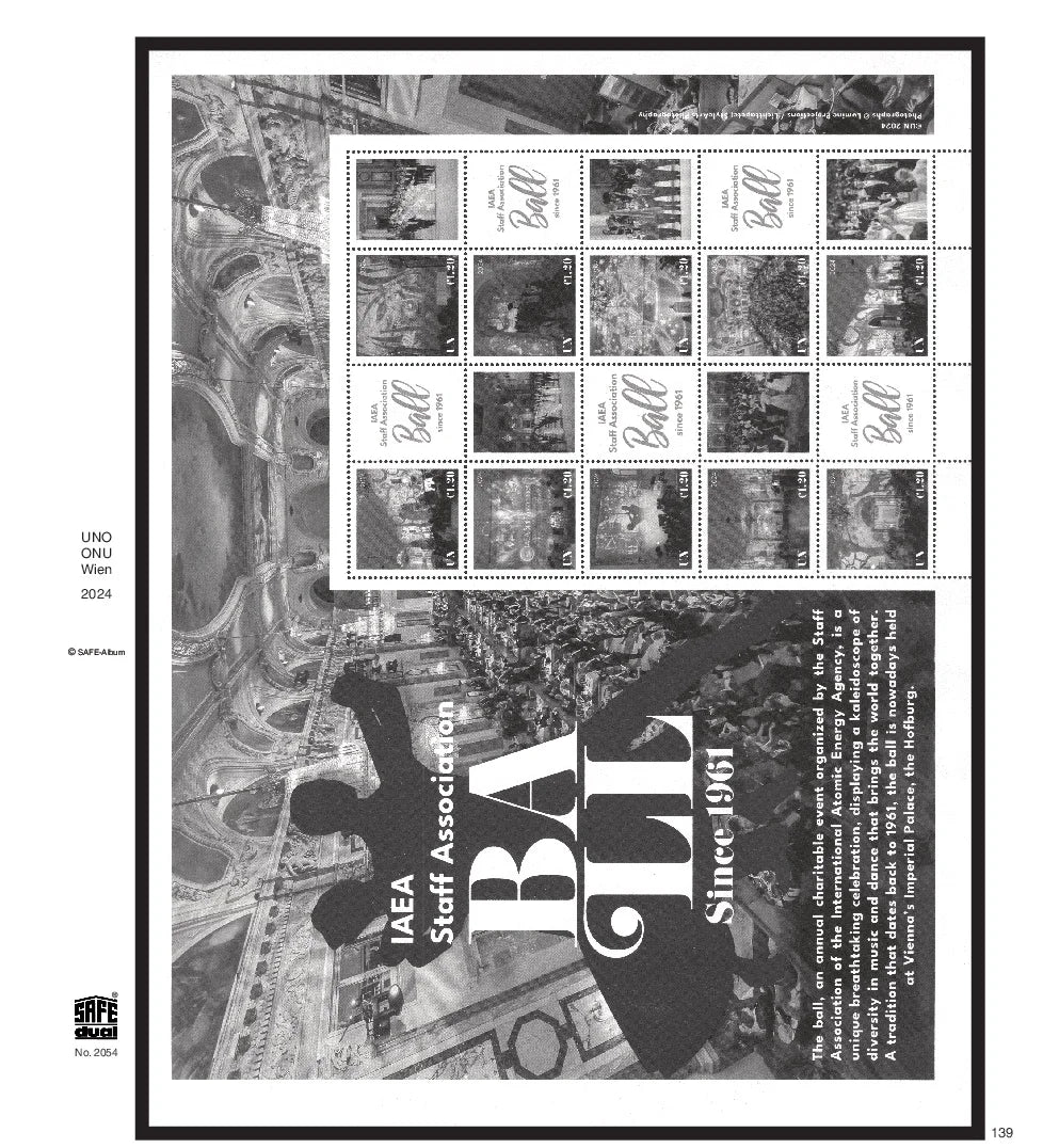 Illustration of black and white stamps from the UN: Vienna's 2024 annual supplement, displayed on a white page.