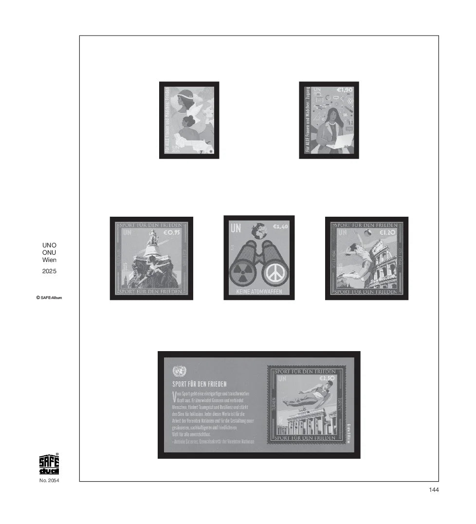 Illustration of black and white stamps from the UN: Vienna's 2025 annual supplement, displayed on a white page.