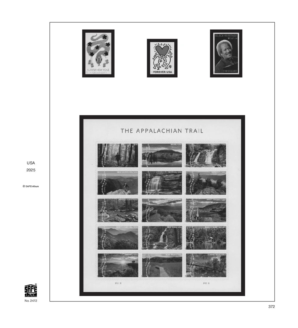 Illustration of black and white stamps from the USA's 2025 annual supplement, displayed on a white page.