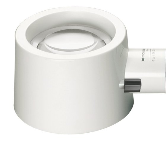 Head of eschenbach brand magnifying glass with white frame and black accents on a white background