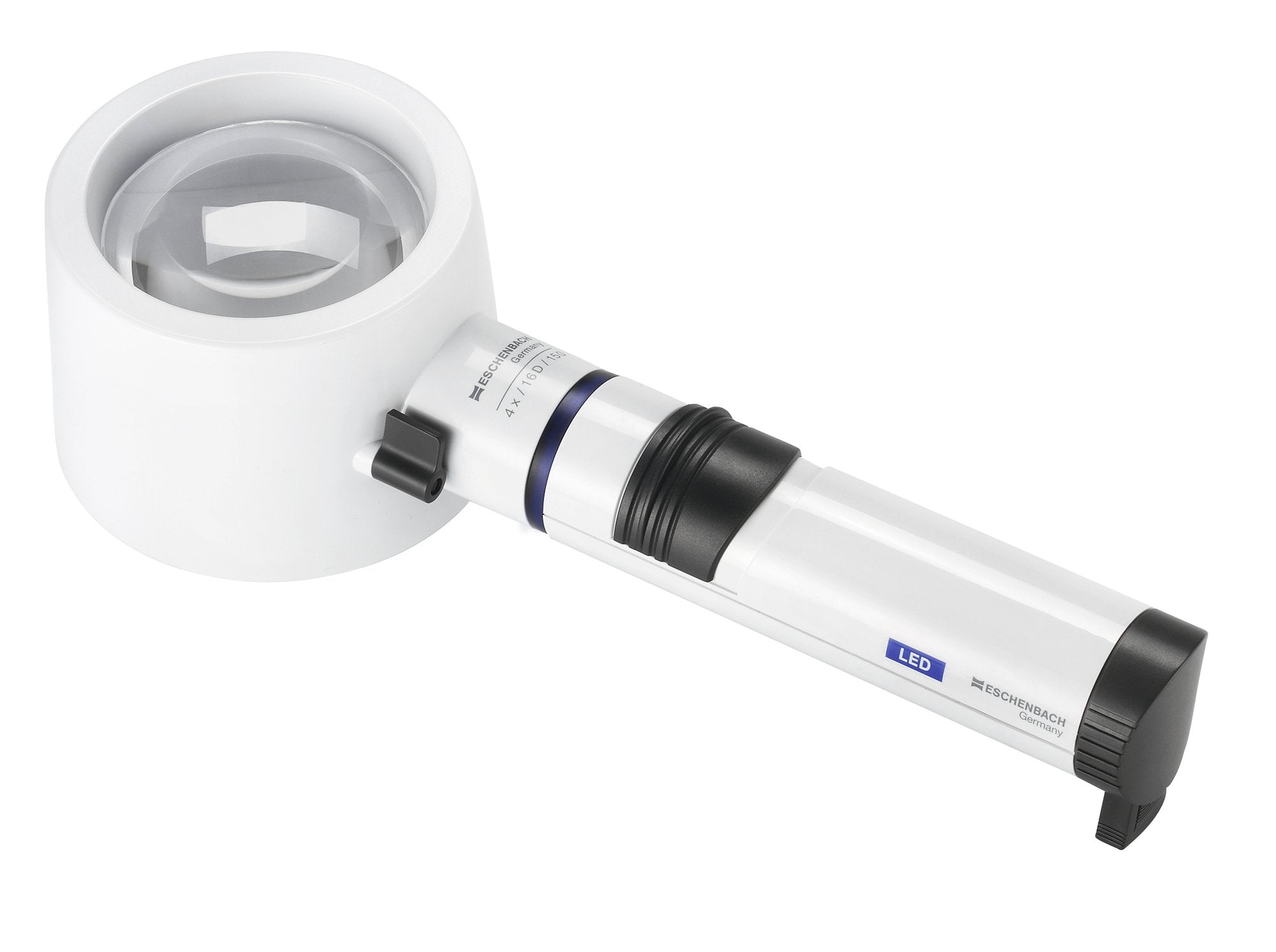 Handheld eschenbach brand magnifying glass with white body and black accents on a white background