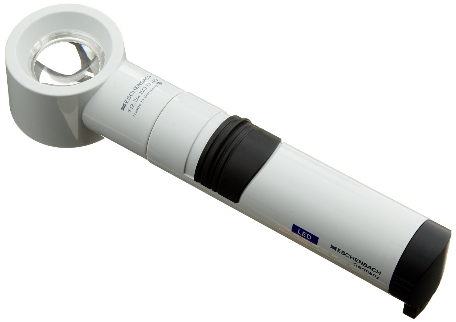 Handheld eschenbach brand magnifying glass with white body and black accents on a white background