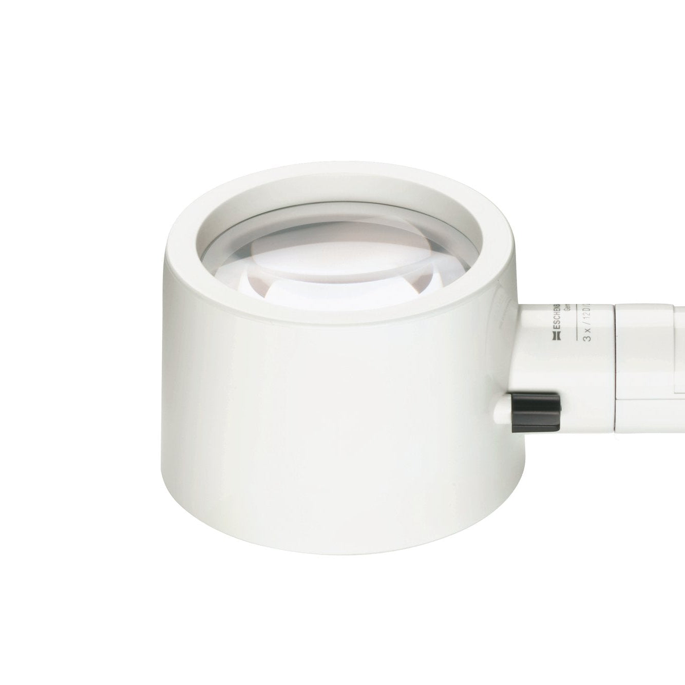 Head of eschenbach brand magnifying glass with white frame and black accents on a white background