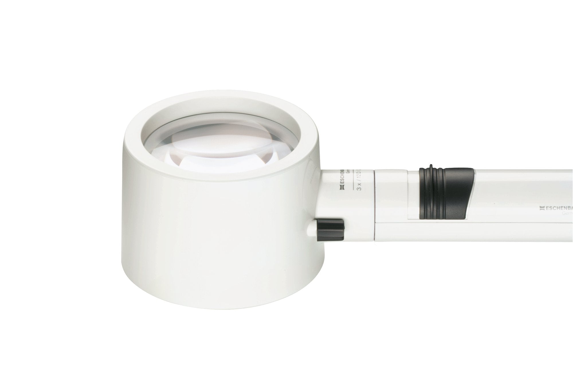 Head of eschenbach brand magnifying glass with white frame and black accents on a white background