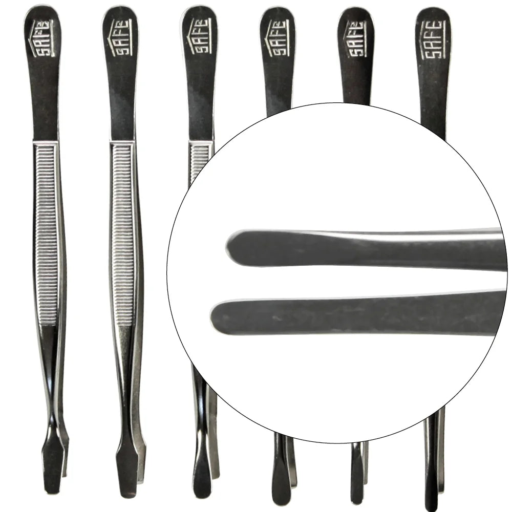 Set of 6 metal tweezers with 'SAFE' branding on a white background with the flat pointed tong magnified, to show the tip