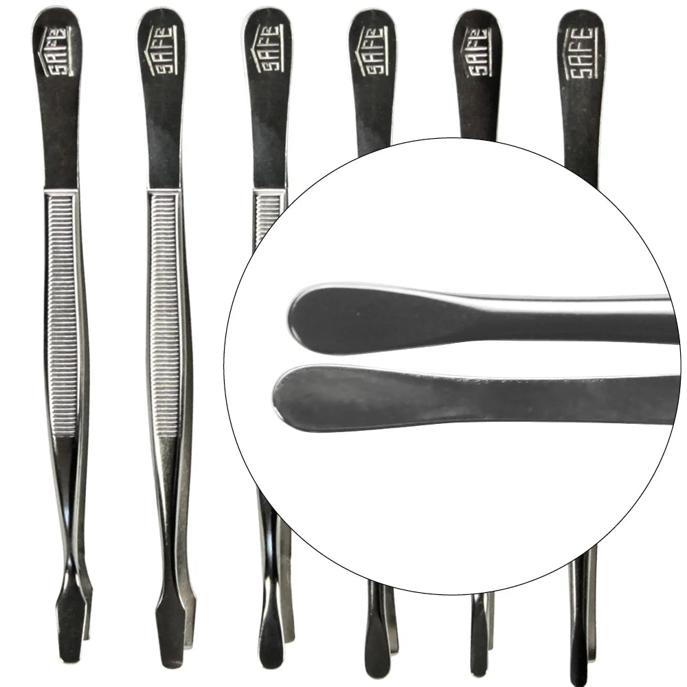 Set of 6 metal tweezers with 'SAFE' branding on a white background with the flat rounded tong magnified, to show the tip