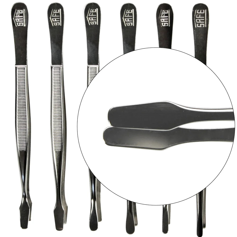 Set of 6 metal tweezers with 'SAFE' branding on a white background with the flat spade tong magnified, to show the tip