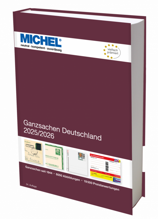 Michel Ganzsachen Deutschland 2026 stamp catalog with a wine red cover featuring an array of stamps on a white background