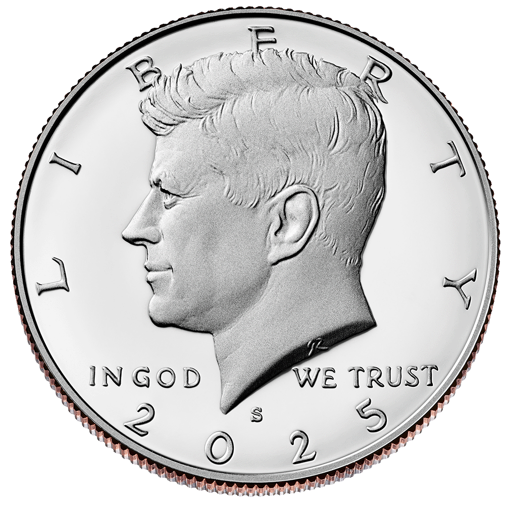 Silver Kennedy Half Dollar coin with a profile of a JFK and 'Liberty' text on a white background