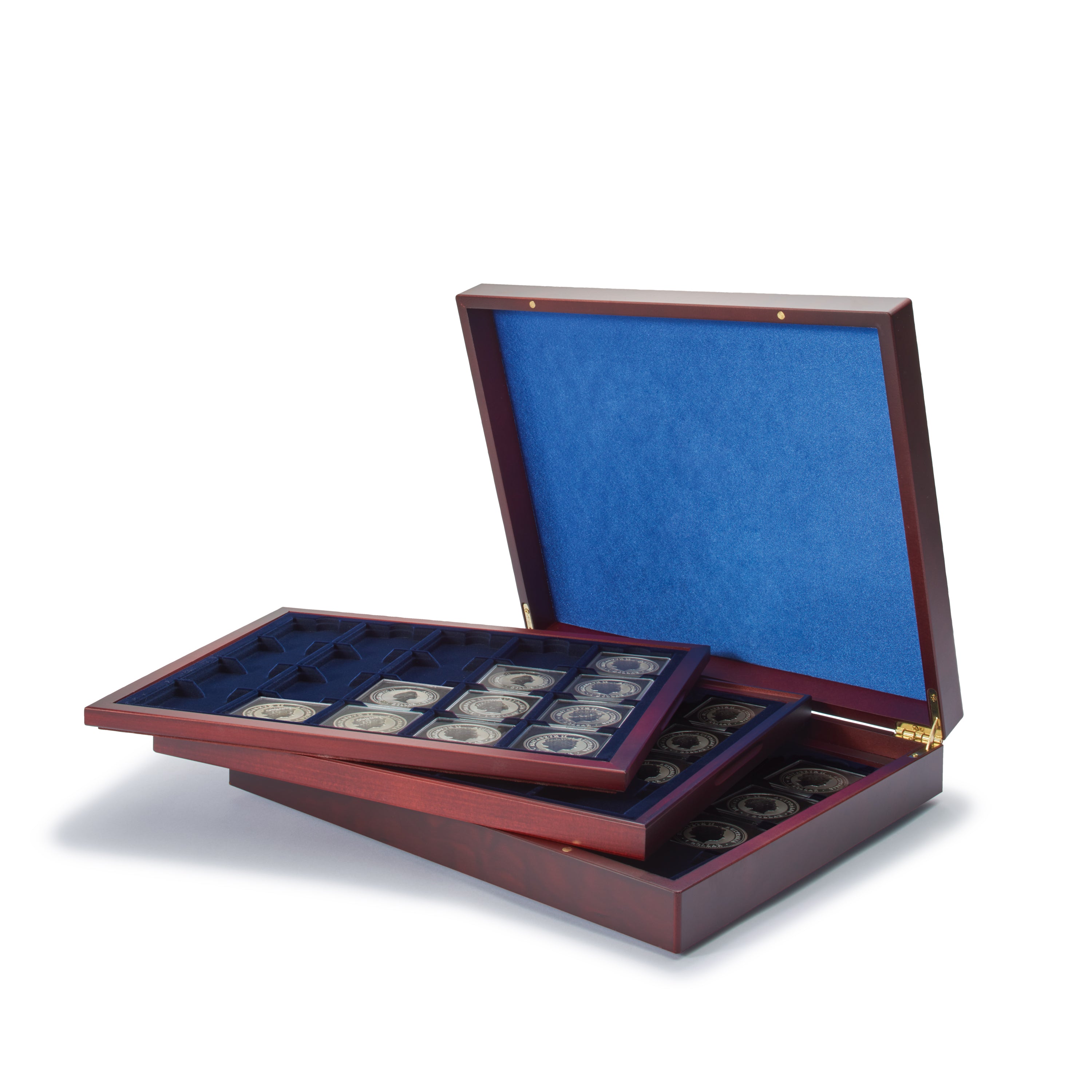 Wooden coin collection presentation case with blue interior and 3 wooden trays holding 2x2 coin holders on a white background