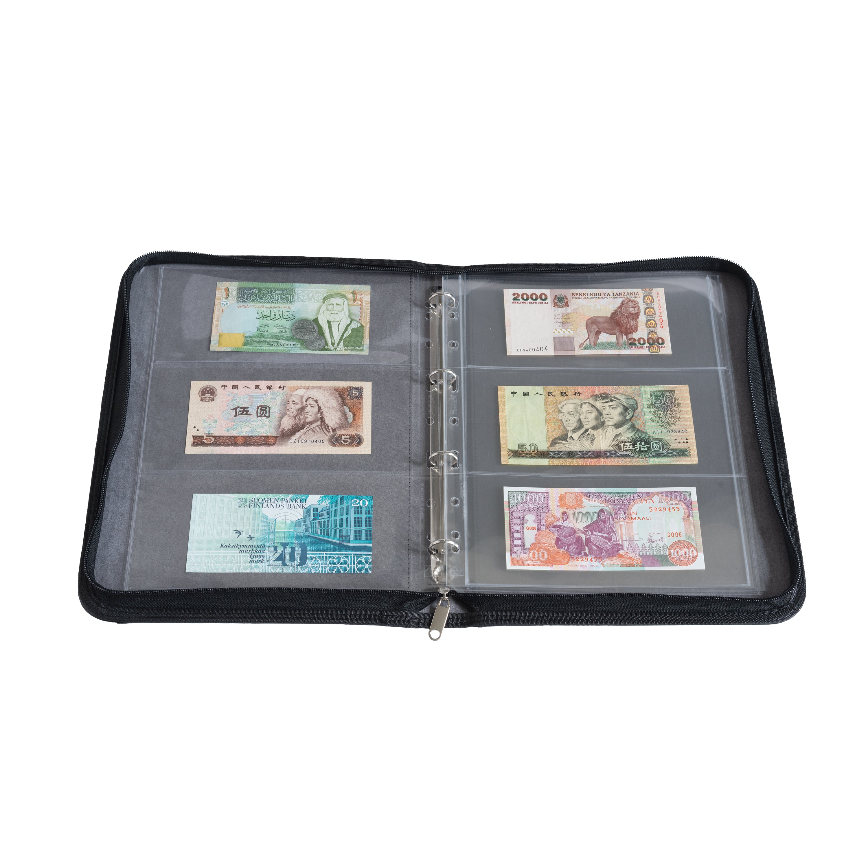 Collection of international banknotes displayed in transparent pages inside a black zipper binder on a white background