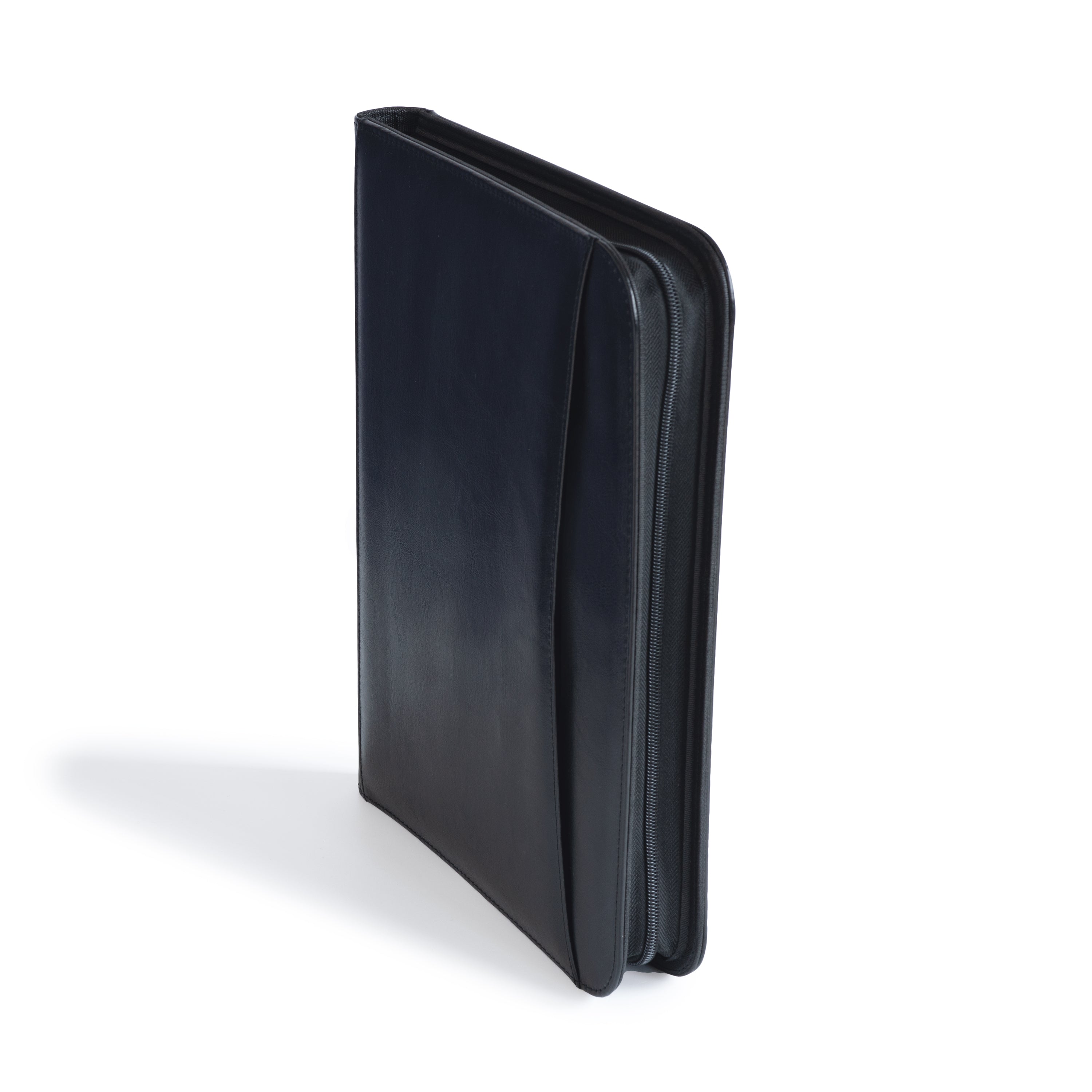 A closed black zipper binder on a white background
