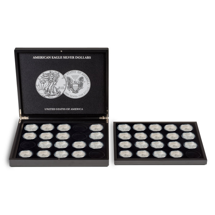 Collection of American Eagle Silver Dollars in a black ASE presentation case on a white background