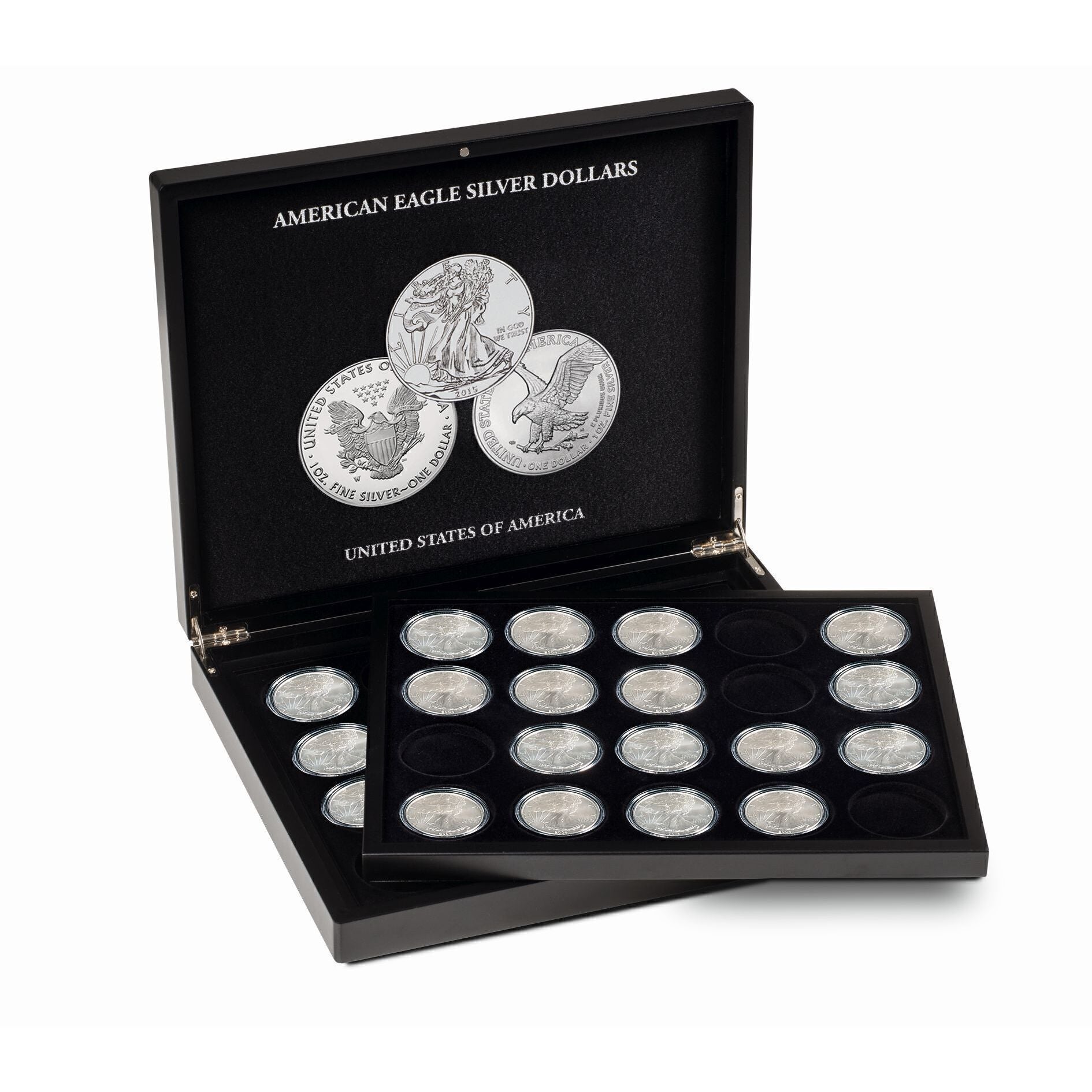 Collection of American Eagle Silver Dollars in a black ASE display case on a white background