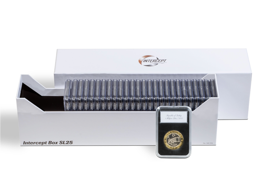 Intercept Coin Slab Storage Box that holds up to 25 certified graded coin slabs on a white background
