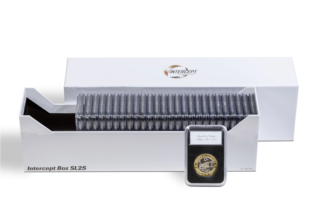 Intercept Coin Slab Storage Box that holds up to 25 certified graded coin slabs on a white background