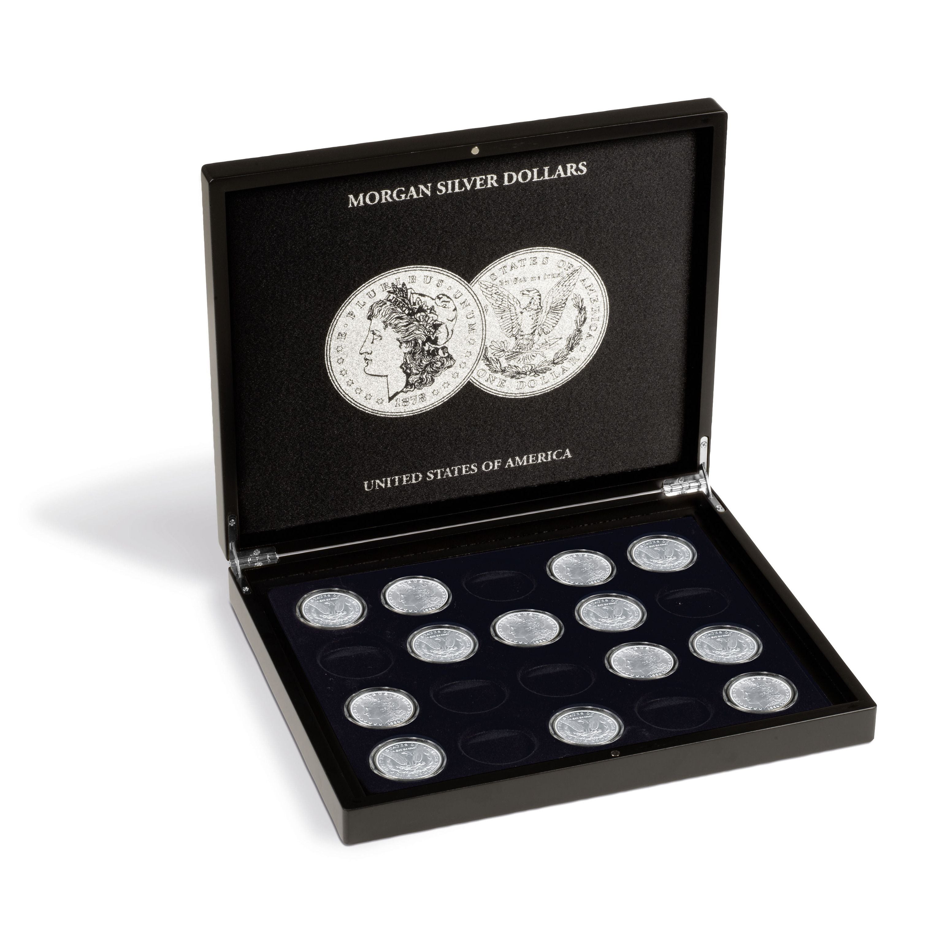 Collection of Morgan Silver Dollars in a black Morgan Dollar display case on a white background