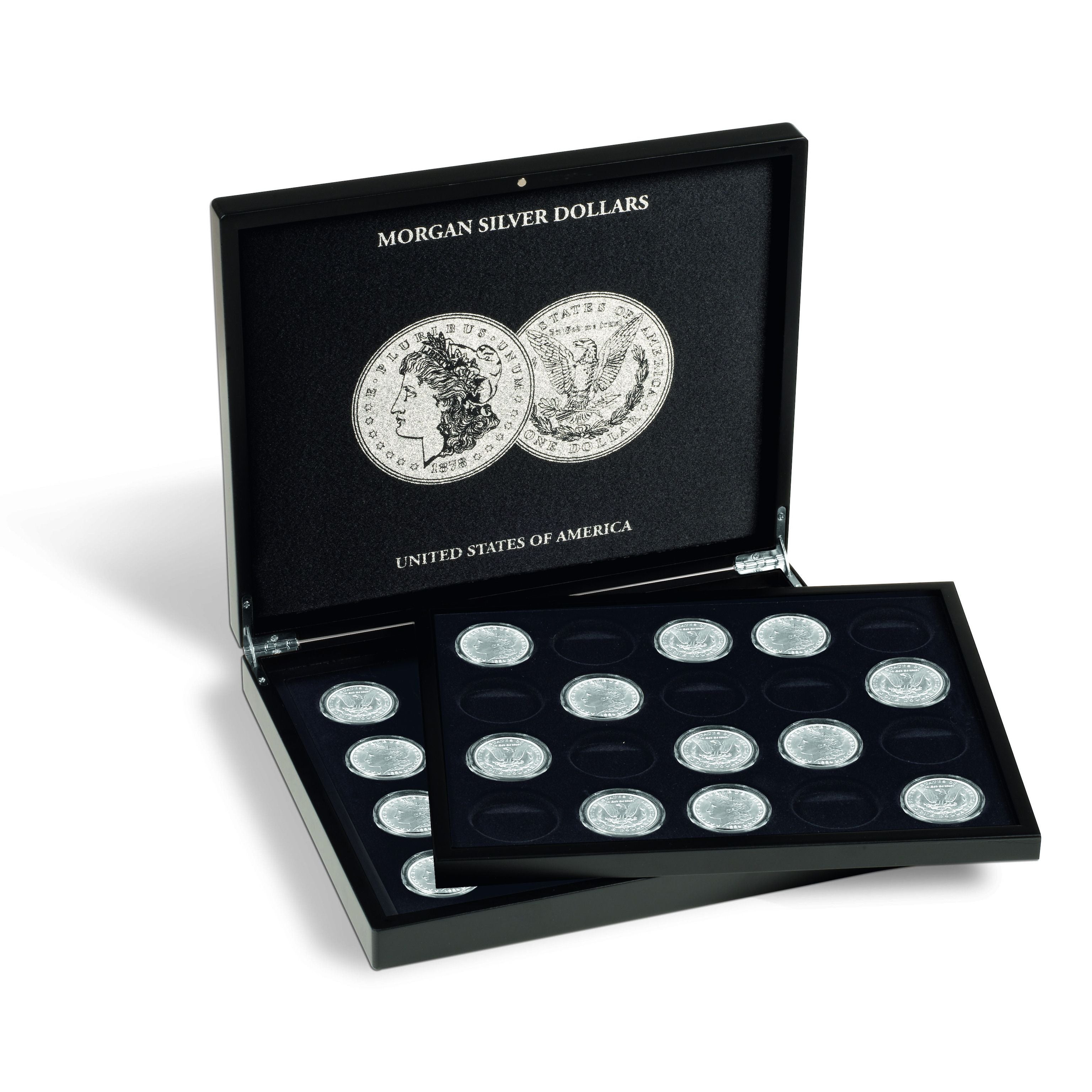Collection of Morgan Silver Dollars in a black Morgan Dollar display case on a white background