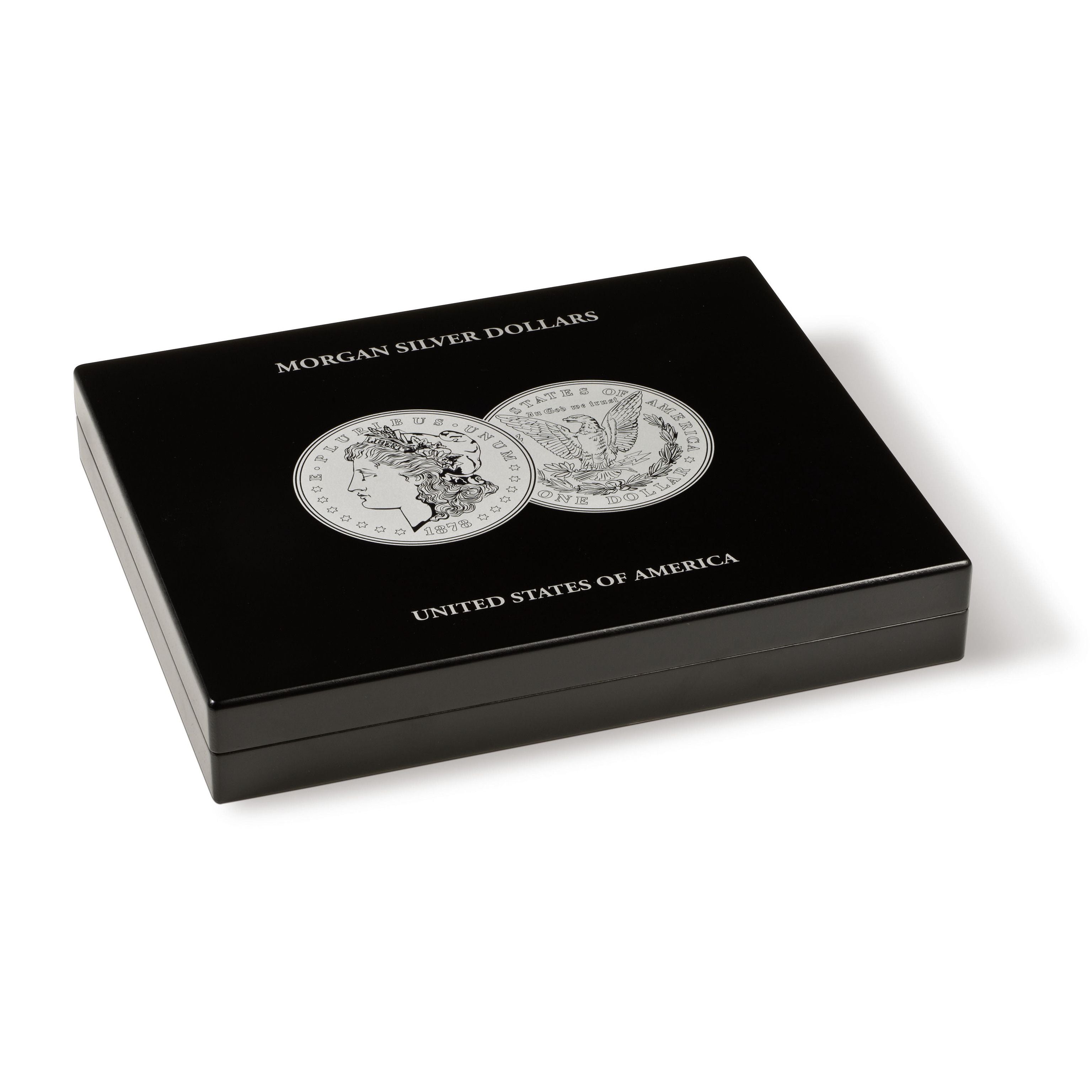 Black presentation coin case with images of the front/back of a Morgan Silver Dollar labeled 'Morgan Silver Dollars' on a white background