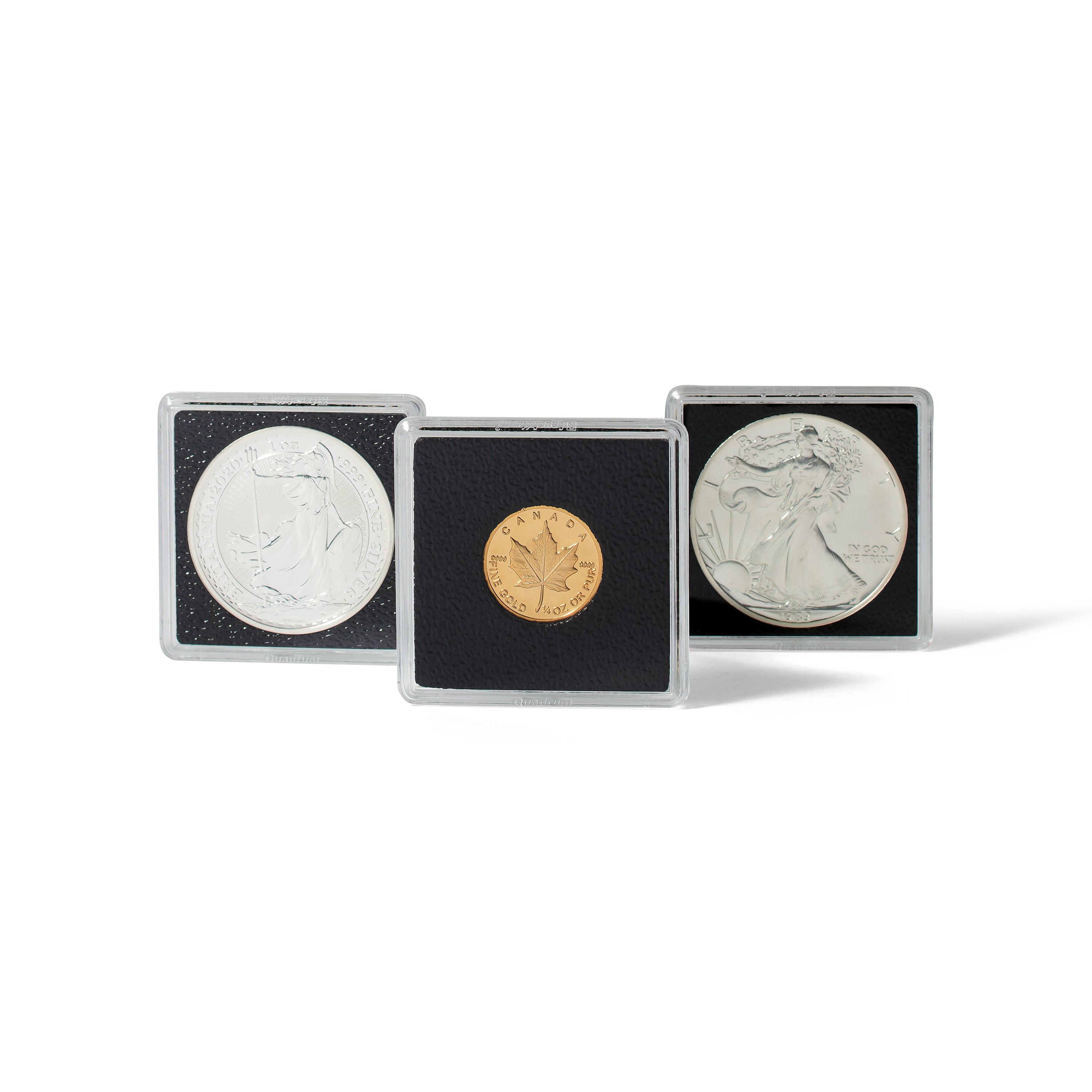 Three coins in protective square coin capsules with intercept technology on a white background