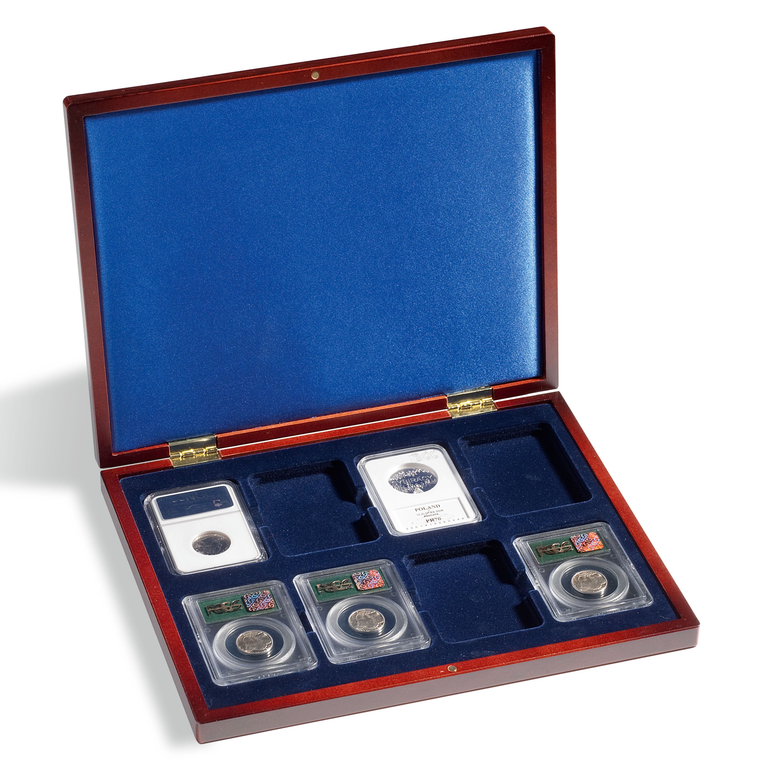 Wooden display case with 1 blue velvet tray holding up to 8 collectible graded coins on a white background