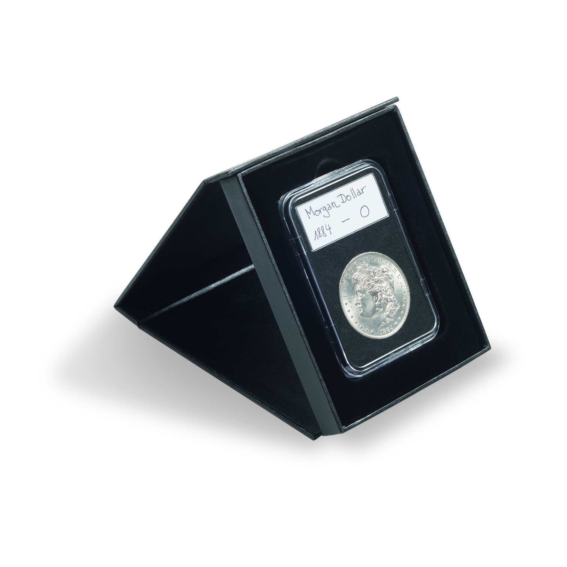 Silver coin in a graded slab displayed on the Airbox coin case on a white background