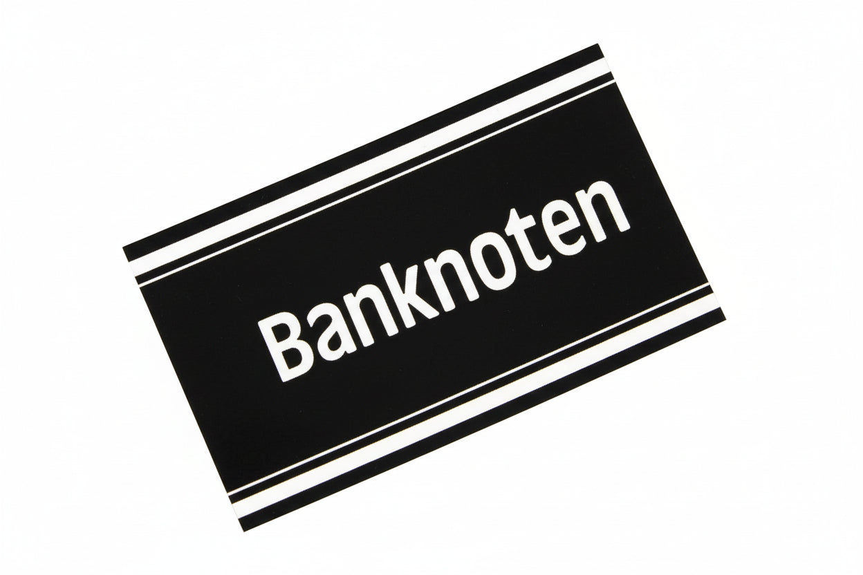 A black and gold embossed label for album spine labeling/organizing that says "Banknoten" on a white background