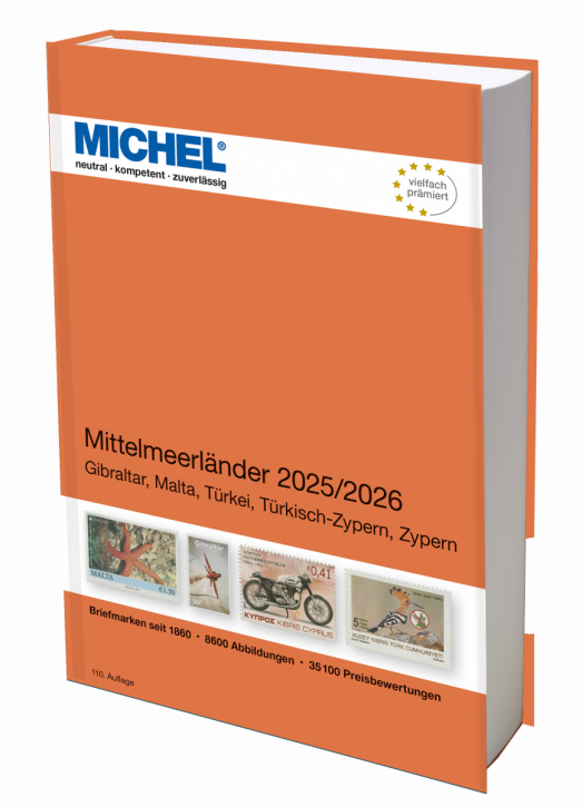 Michel Mittelmeerlaender 2025/2026 stamp catalog with a orange cover featuring an array of stamps on a white background