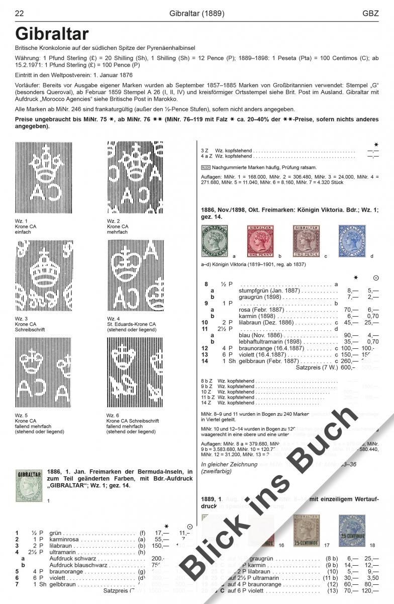 Page from a Michel stamp catalog featuring stamps of Gibraltar with text and numbers.
