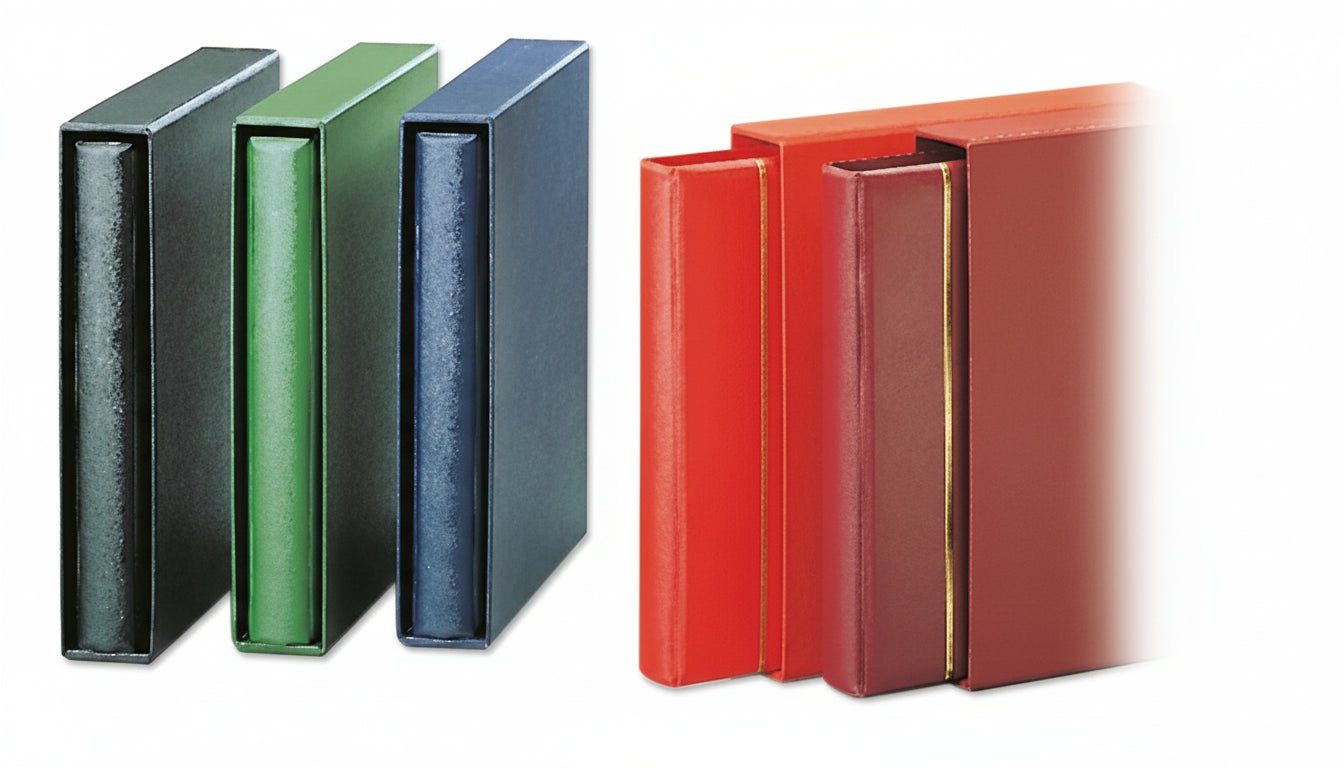 Set of five classic morocco albums with gold embossing in the Morocco slipcases in black, green, flag red, and wine red on a white background