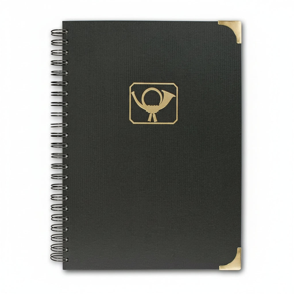 Designer spiral-bound black stamp stockbook with 32 white pages, glassine interleaves, and gold embossed Post Horn cover, on a white background.