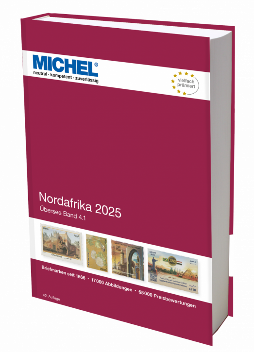 Michel Nordafrika 2025 stamp catalog with a red cover featuring an array of stamps on a white background